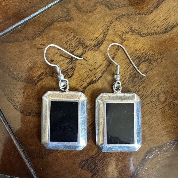 VTG Hook Dangle Earrings 2" Black Inlay‎ Bevel Rectangle 925 Sterling Silver - Picture 1 of 4